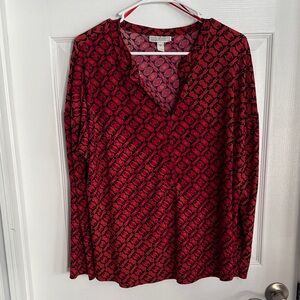 Dana Buckman Red Patterned Long Sleeve V-Neck Top